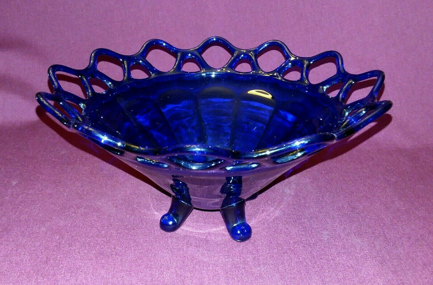 Cobalt Blue Glass 4-toed Footed Bowl With Crocheted Lace Around Rim At Top