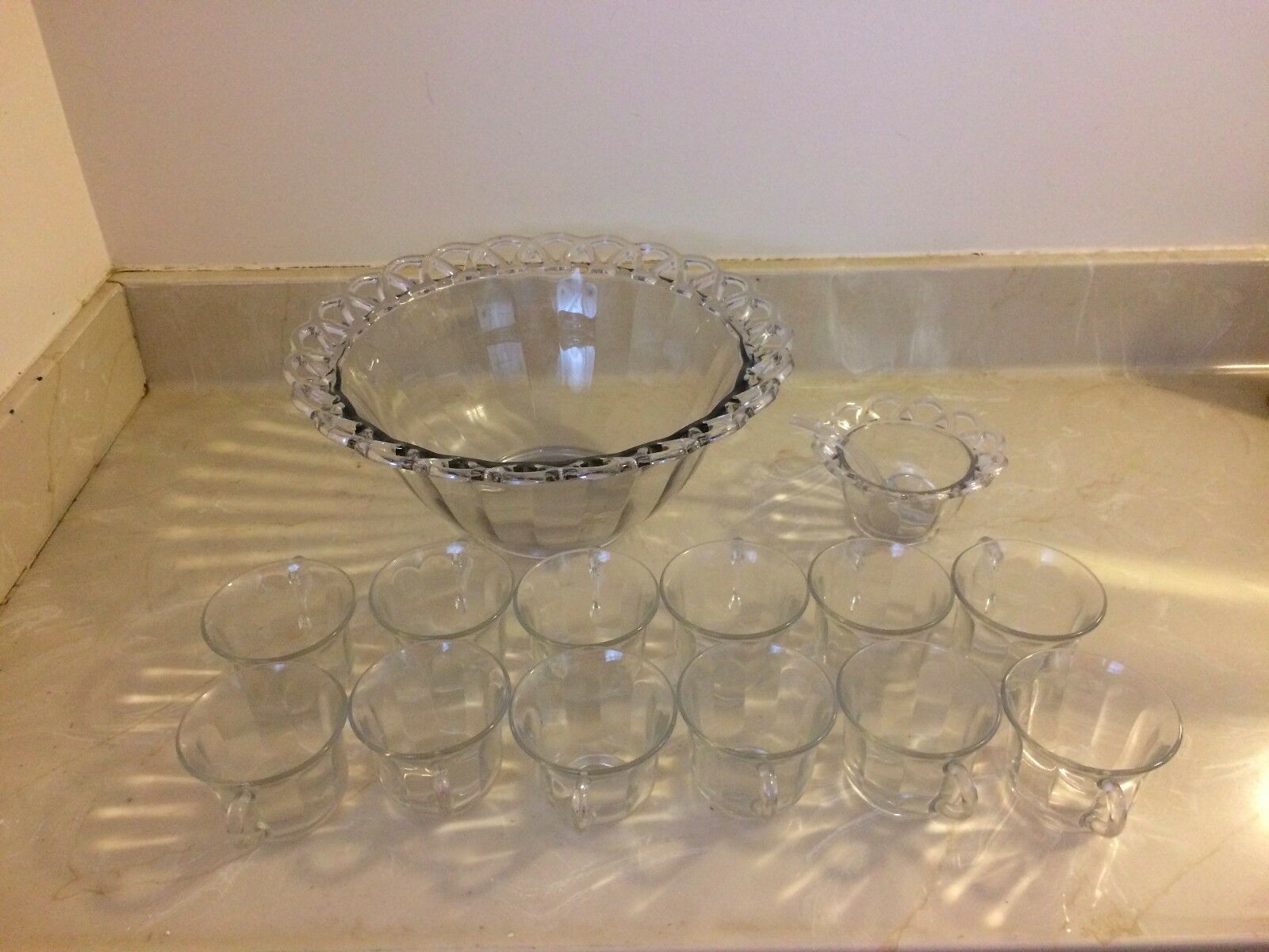 Imperial Glass Co. Laced Edge/crocheted Punch Bowl & 12 Cups With Sugar Bowl