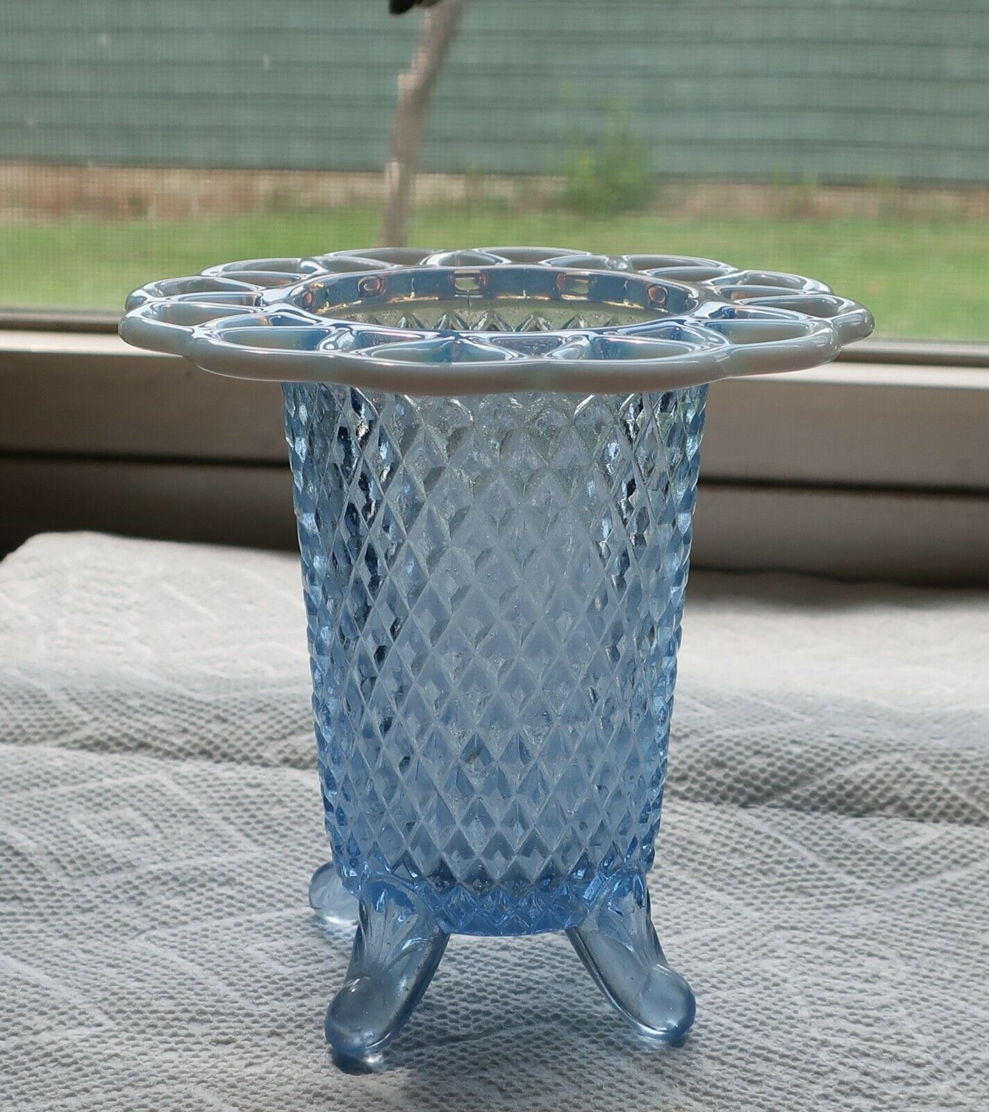 Vintage Imperial Glass Katy Blue Opalescent Vase Open Lace 4 1/4"