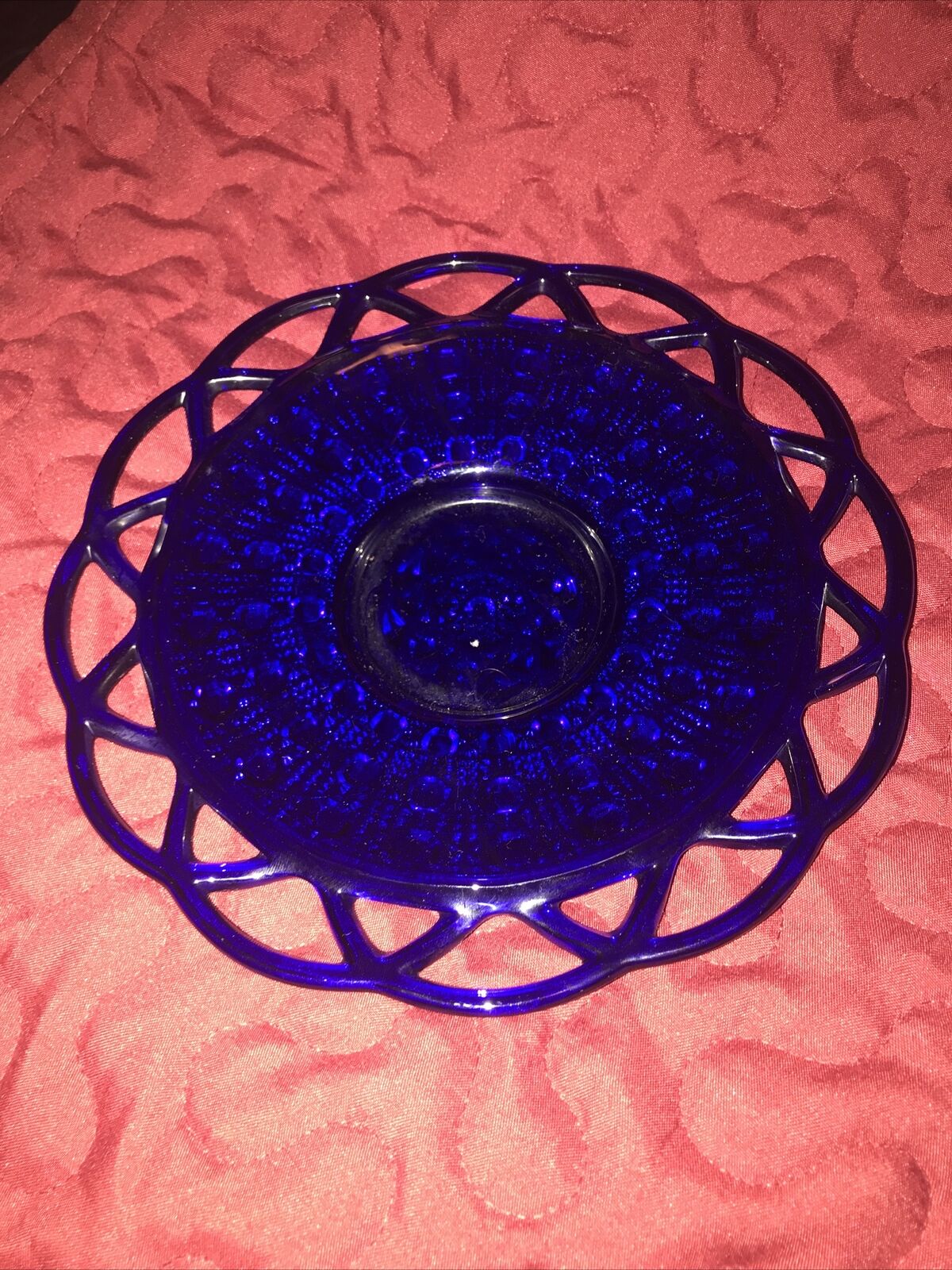 Vintage Glass Cobalt Blue Cane Open Lace  Rim • 7  1/4” Nappy Dish