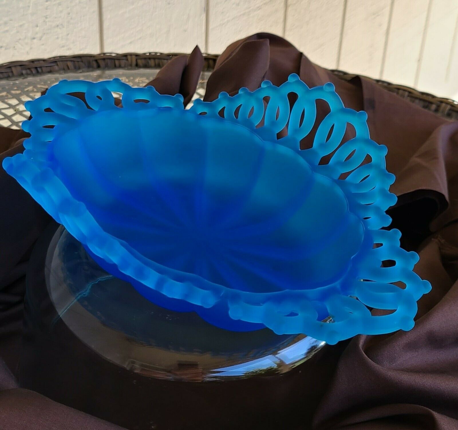 Vintage Frosted  Blue Satin Laced Edge Nappy Candy Dish