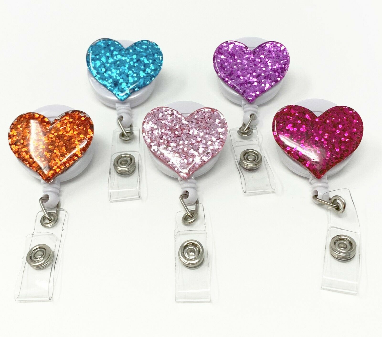 Multi Color Bling Heart Retractable Id Badge Reel Holder With Swivel Clip