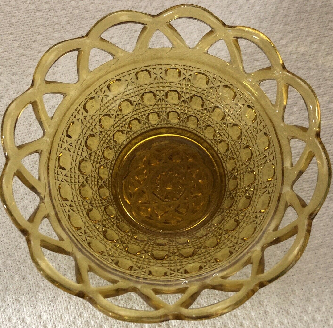 Vintage Imperial Amber Glass Open Lace Bowl Button Weave Pattern Lattice Candy