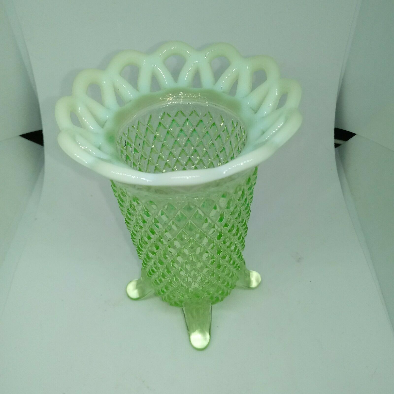 Imperial Glass Laced Edge Katy Vase Opalescent Green Uranium Vaseline Depression