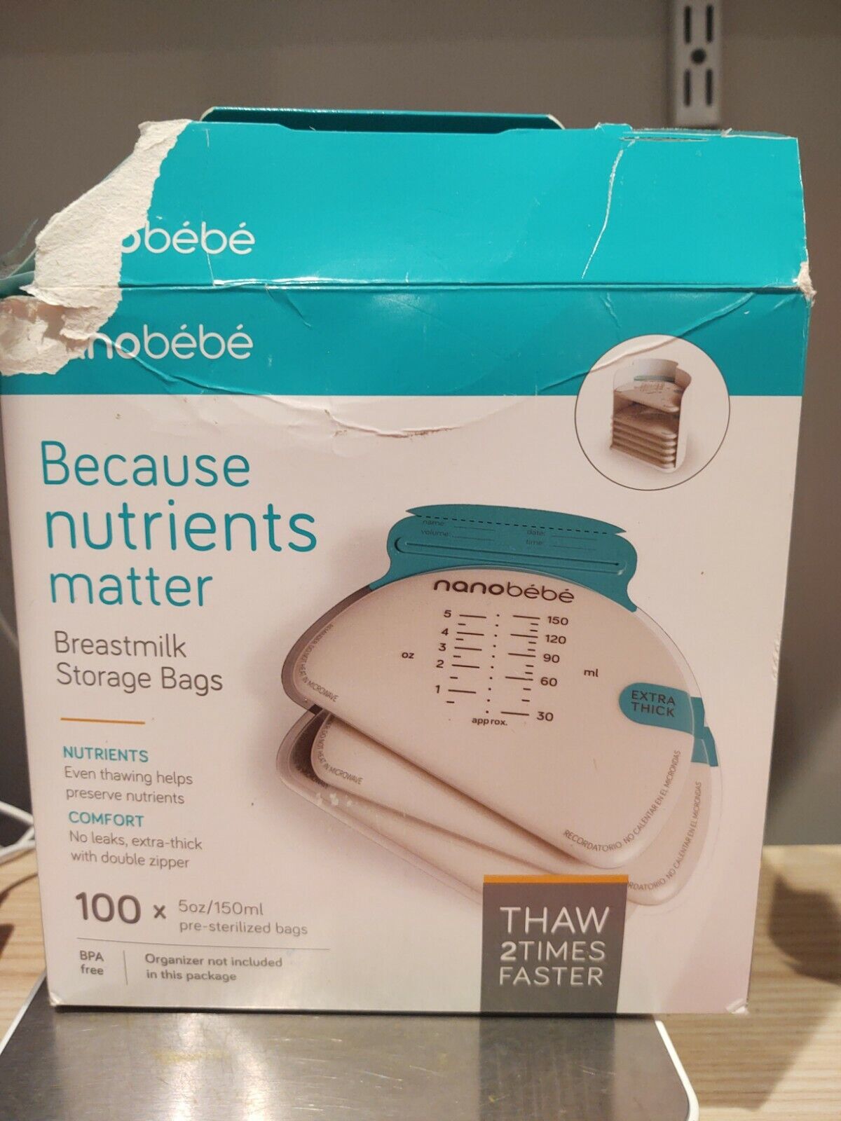 Nanobebe 100 Breastmilk Storage Bags 5oz Extra Thick Presterilized Double Zipped