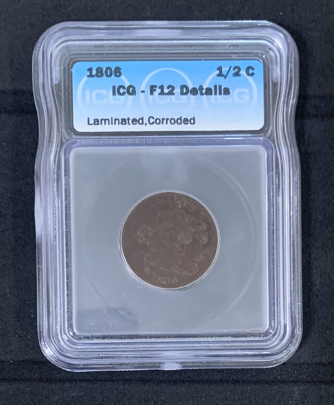 1806 Draped Bust Half Cent 1/2c -icg Grade-f12, Laminated, Corroded(lb 8/29)