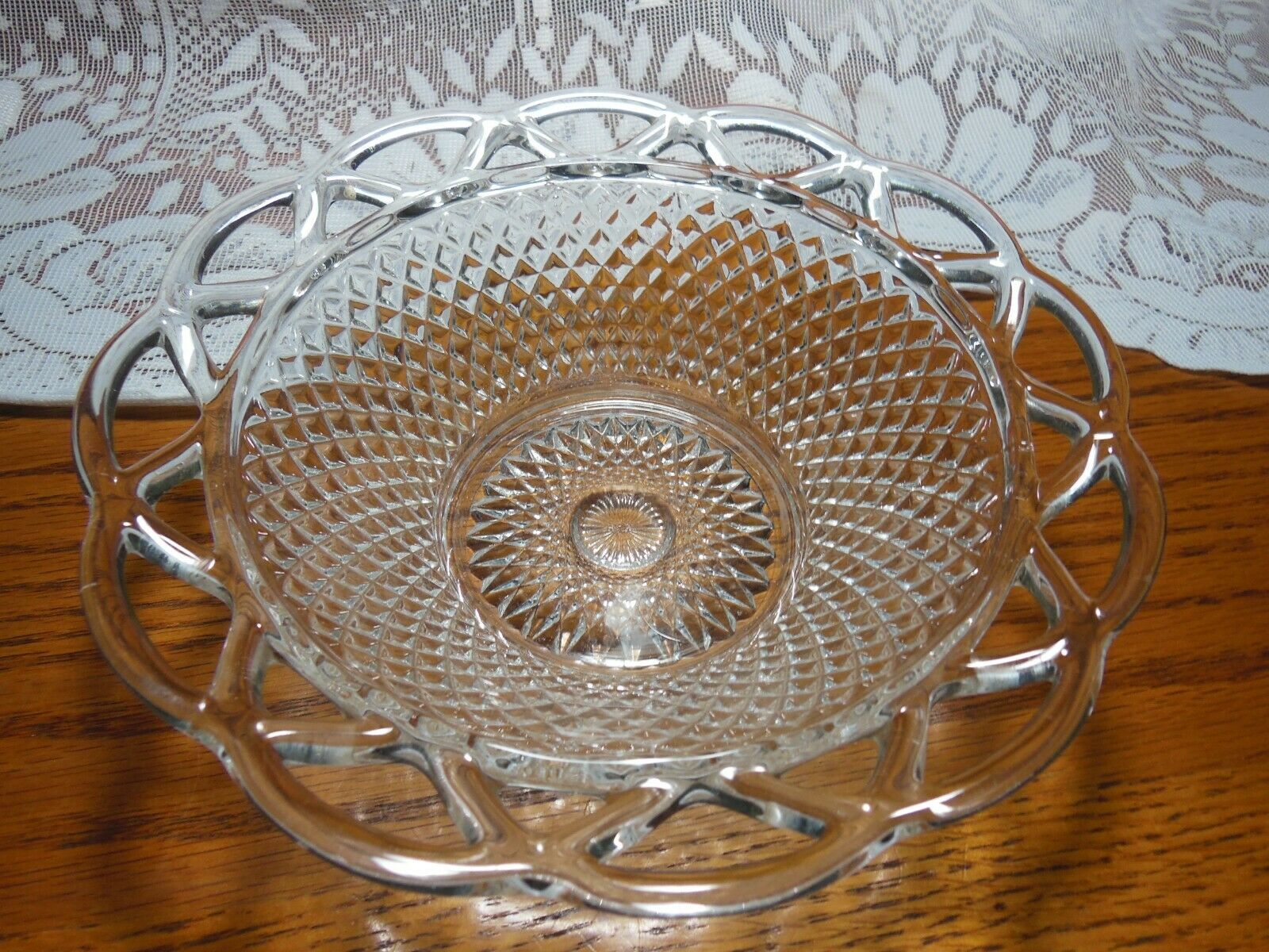 Imperial Glass Open Lace Edge Clear Glass Diamond Pattern Bowl 8 In By 2 1/2 In