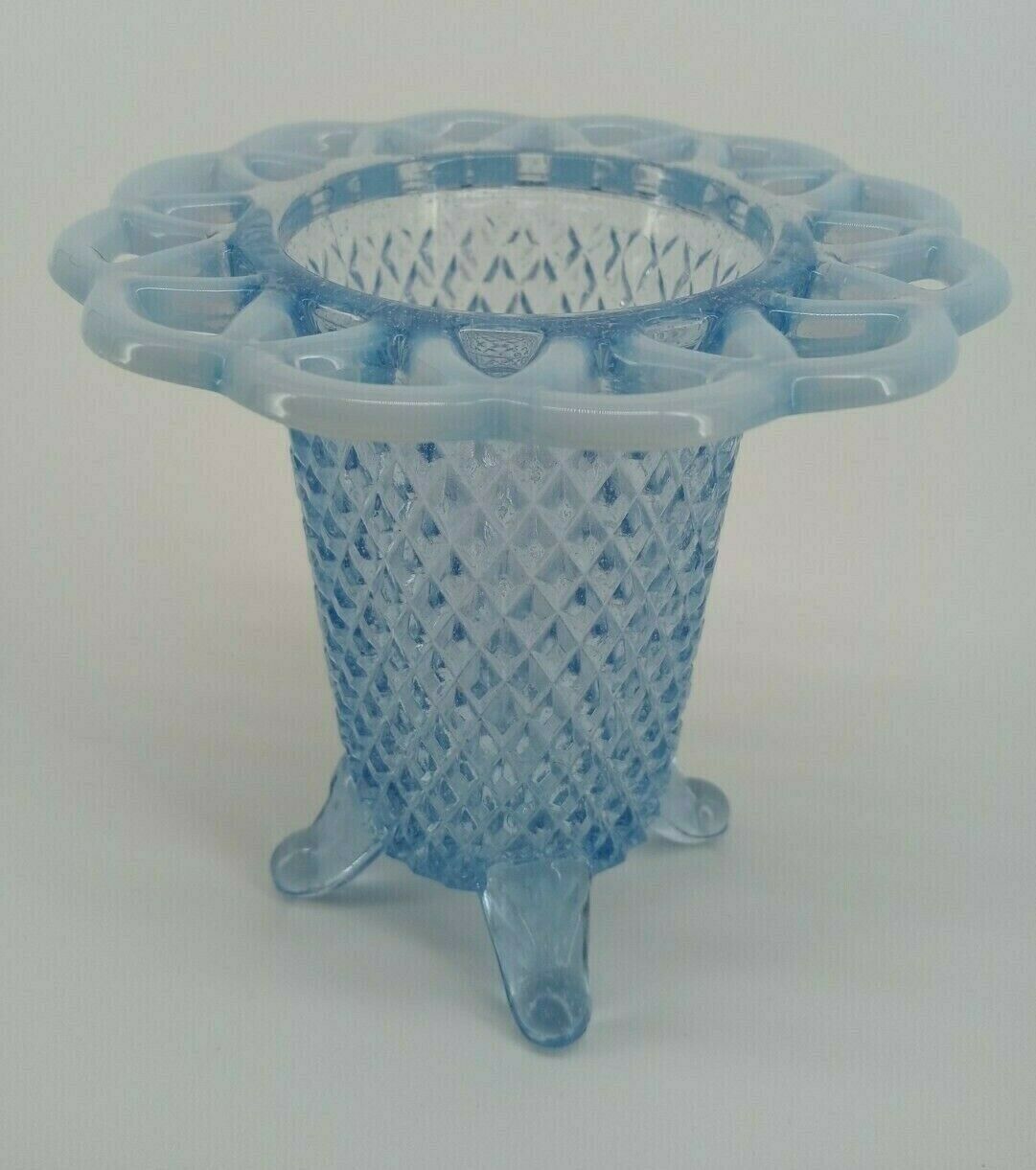 Glass Vase Vintage Blue Laced Edge Opalescent Imperial Diamond Pattern Footed