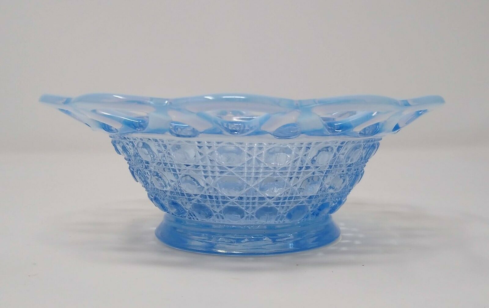 Vintage Katy Blue Opalescent Imperial Glass Bowl Open Lace Trim Cane & Button