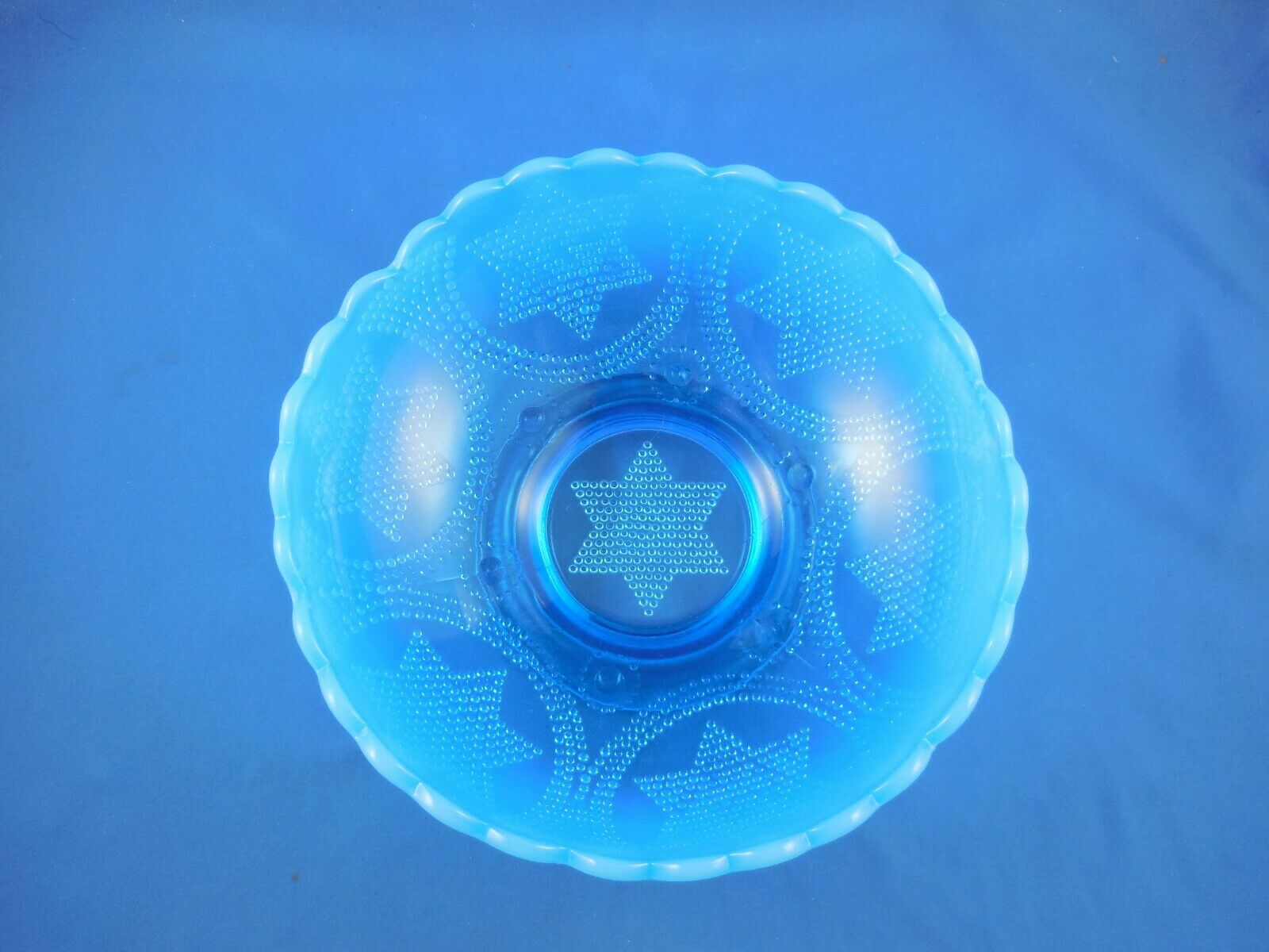 Vintage Blue Glass Bowl Opalescent Top Edge Star Design