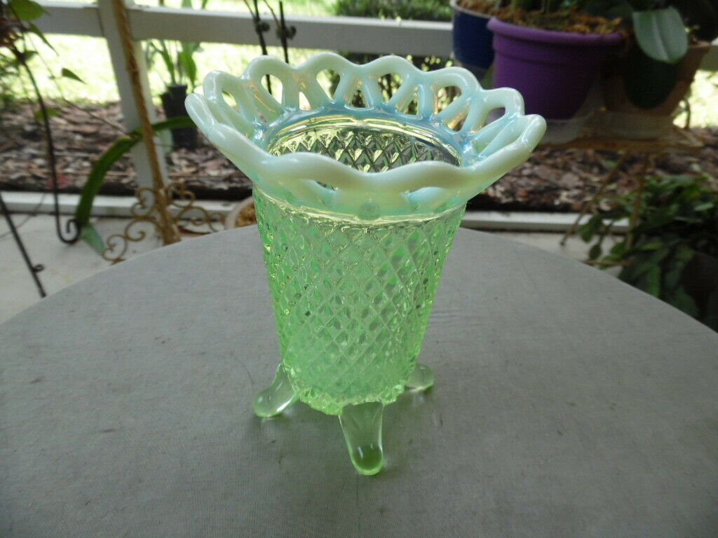 Imperial Glass Katy Green Uranium Vase Diamond Point Opalescent Open Laced Edge