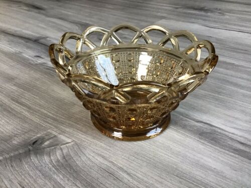 Imperial Button & Cane Open Lace Edge Amber Topaz Glass Candy Dish Vintage