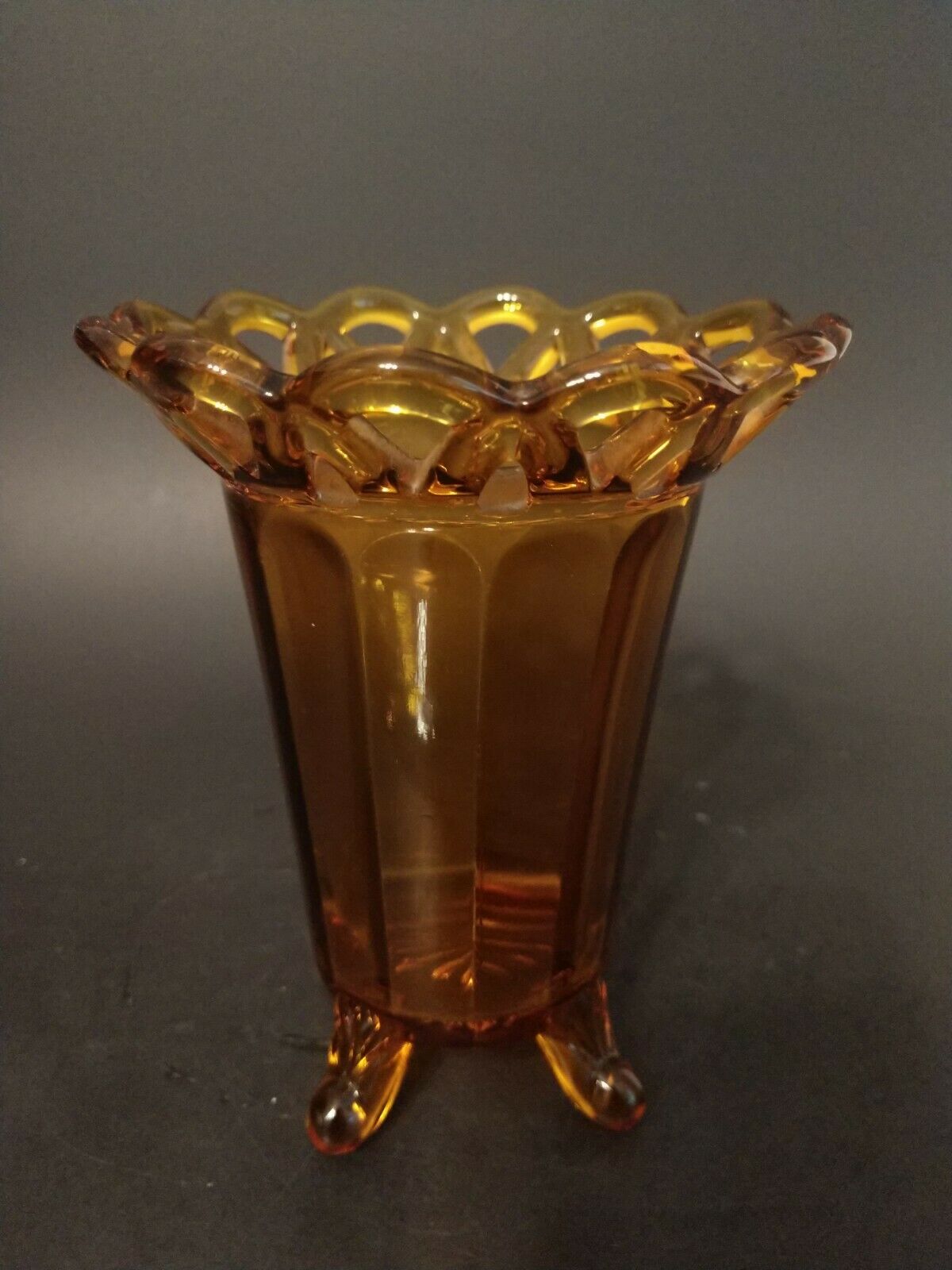 Vintage Imperial Glass Laced Edge Footed Paneled Vase ~ Amber